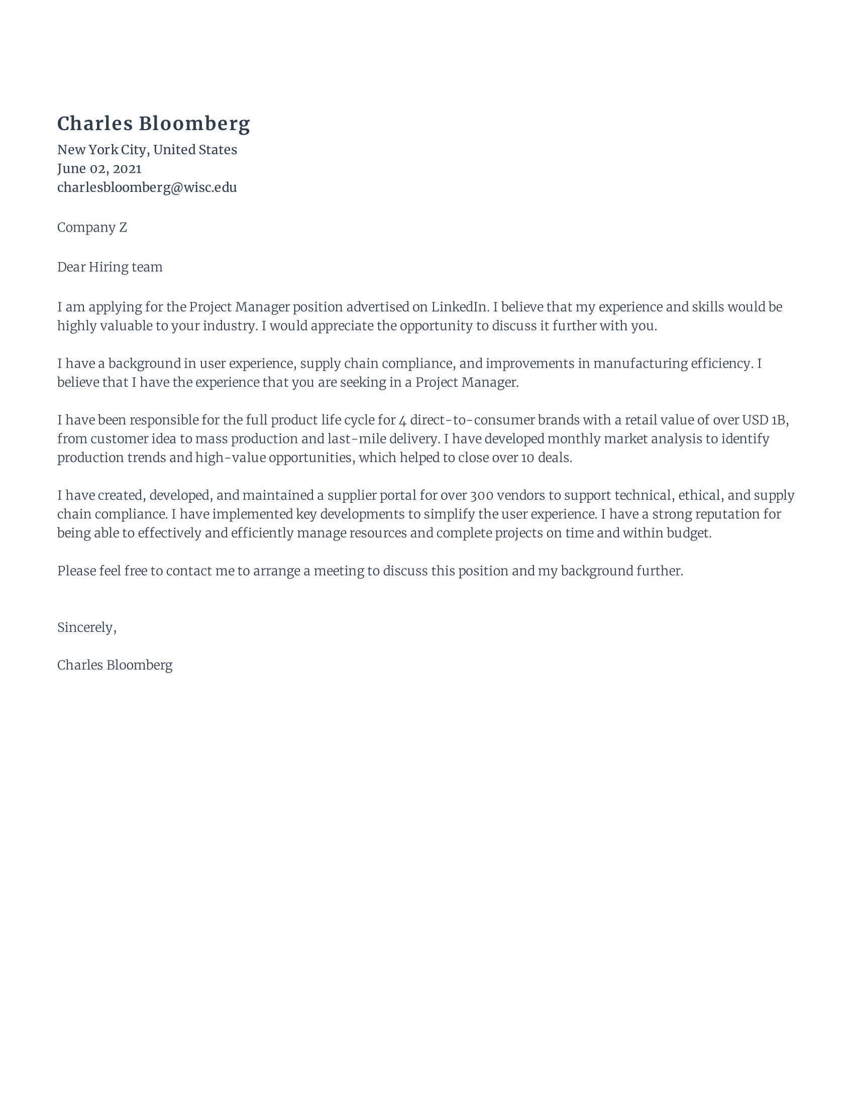Project manager cover letter best sale