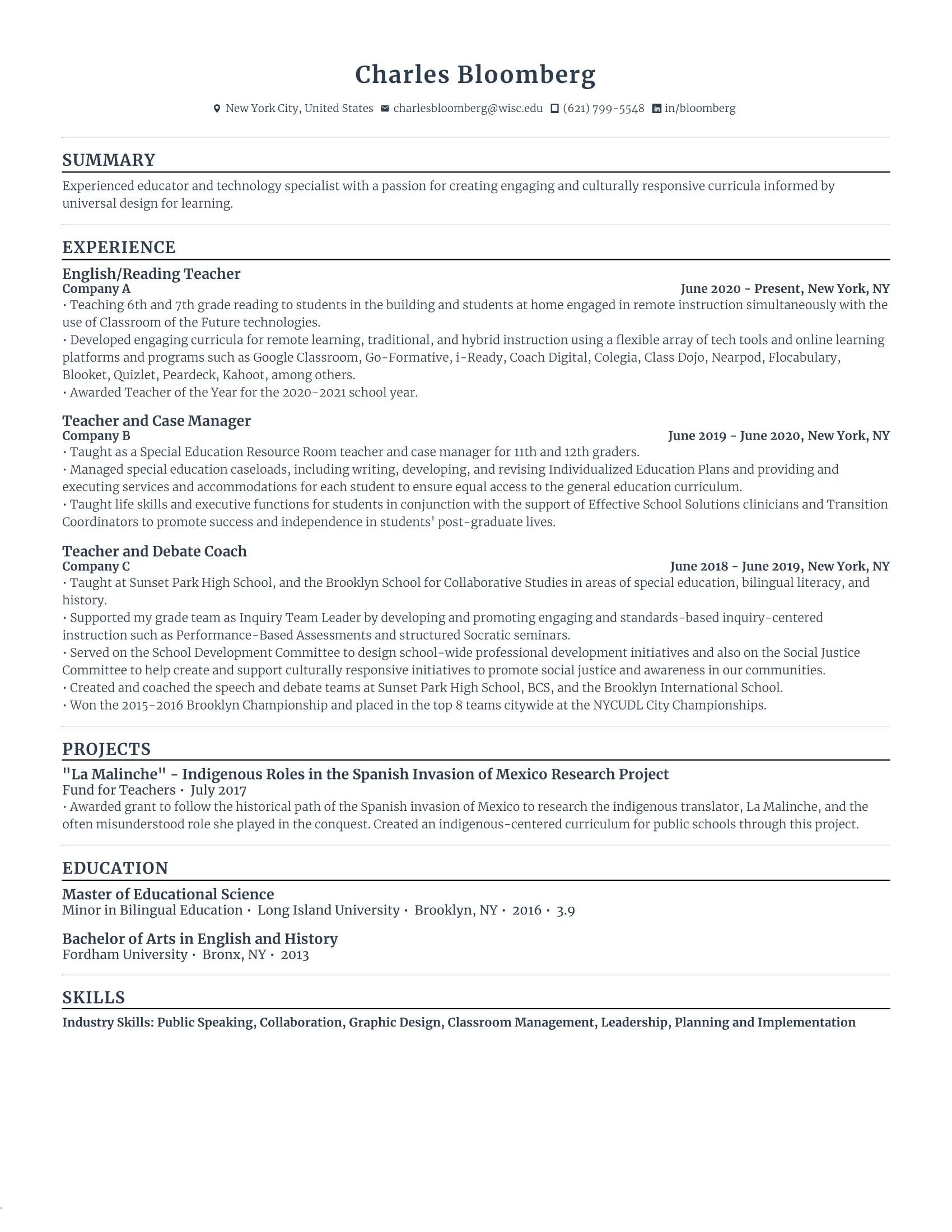 English Language Teacher Resume