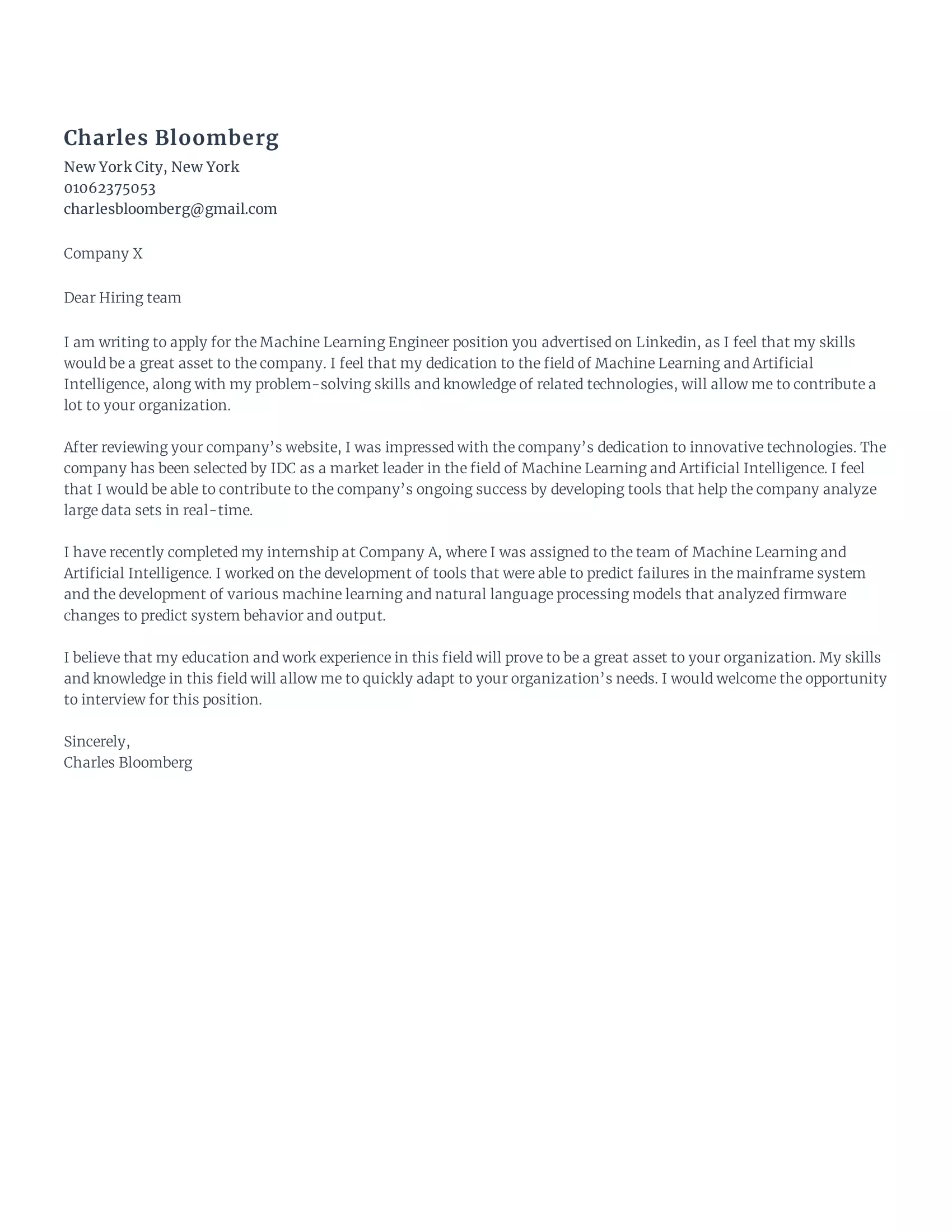 Free Machine Learning Engineer Cover Letter Sample - Rezi