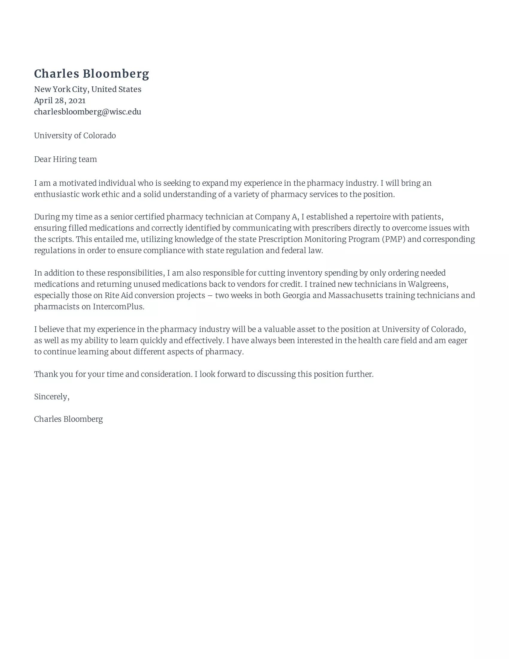 Free Pharmacy Tech Cover Letter Sample Rezi