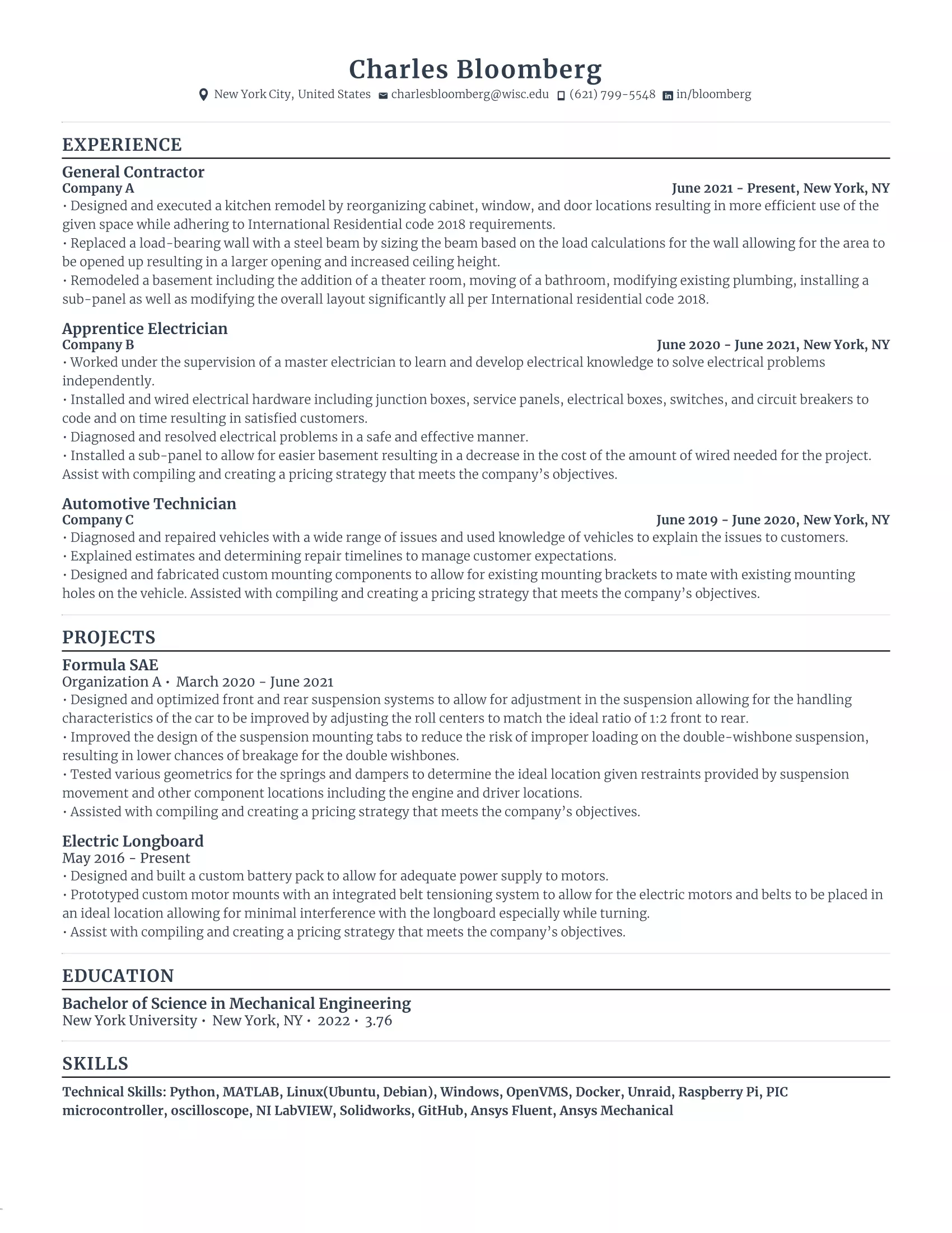 Entry Level Mechanical Engineer Resume