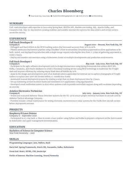 Full Stack Developer Resume Example for 2023 - Rezi Ai