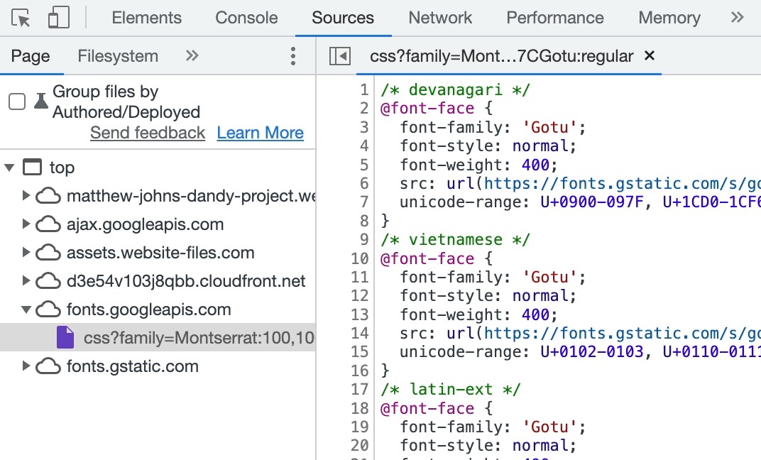 "Sources" tab of browser console displaying the source, "fonts.googleapis.com" as a source with its corresponding CSS file.