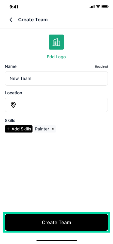 Create new team screen