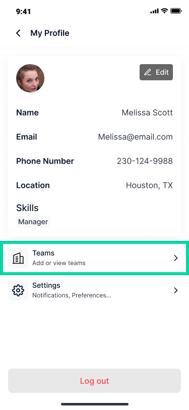 Teams button in user profile