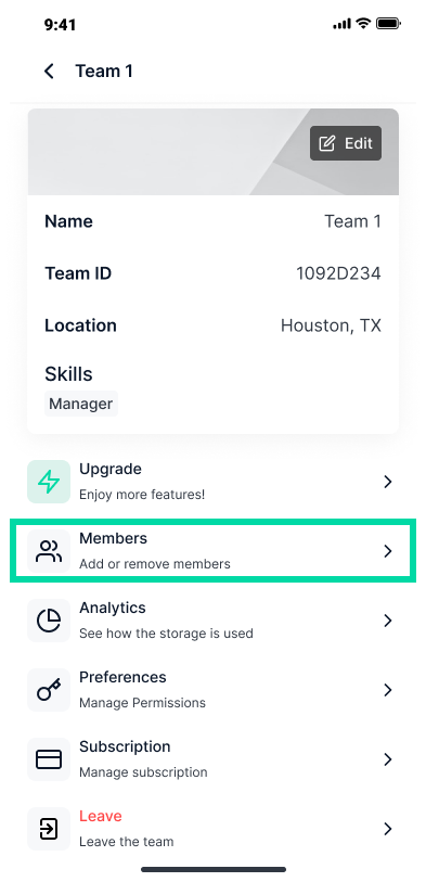 members button in team