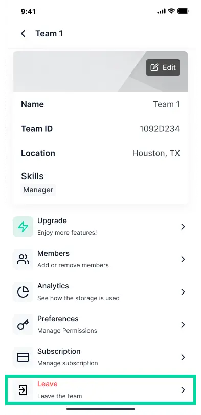Leave button in team deatils