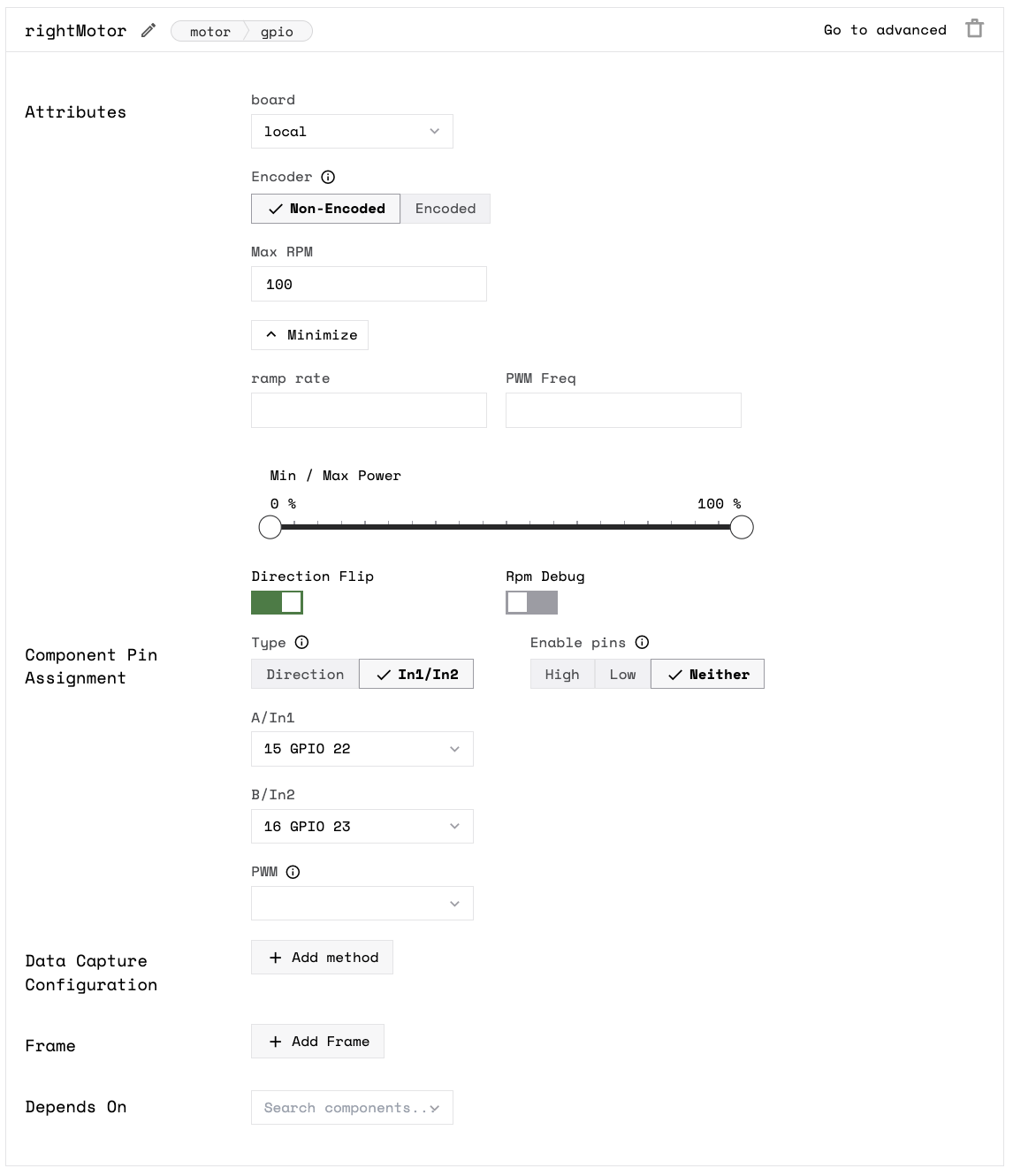 Motor component configured in the Viam app, the component tab is named rightMotor, with a type attribute motor and model attribute gpio. It has the attributes as of the board as local, encoder as non-encoded, max rpm as 1000, component pin assignment type as In1/In2, enable pins as neither, a/In1 as 15 GPIO 22, b/In2 as 16 GPIO 23, pwm as blank.