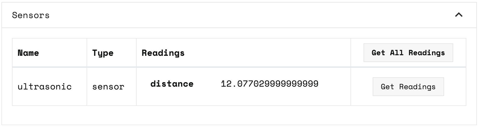 Ultrasonic component panel in the Control tab, sensor distance reading is 12.0770.