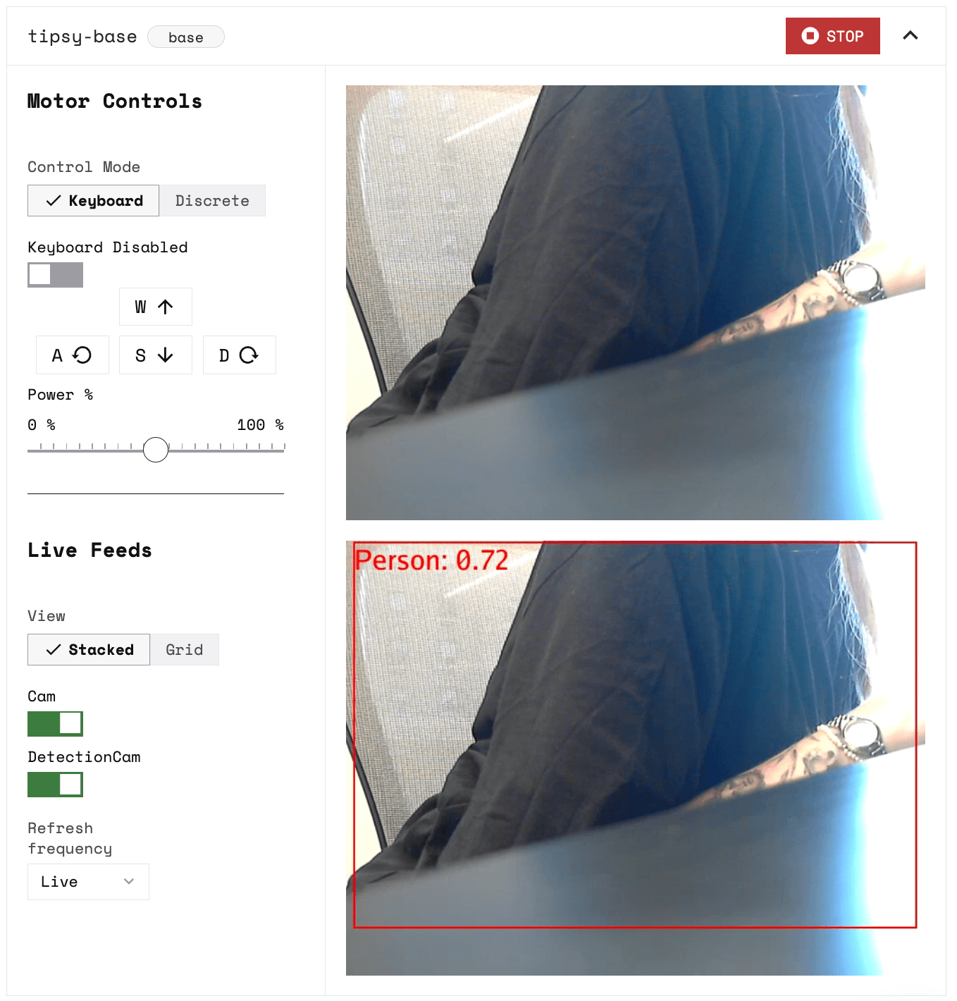 tipsy-base component panel in the Control tab, with two camera streams on the right showing the same person, the bottom with a red detection box around her saying Person: 0.72.