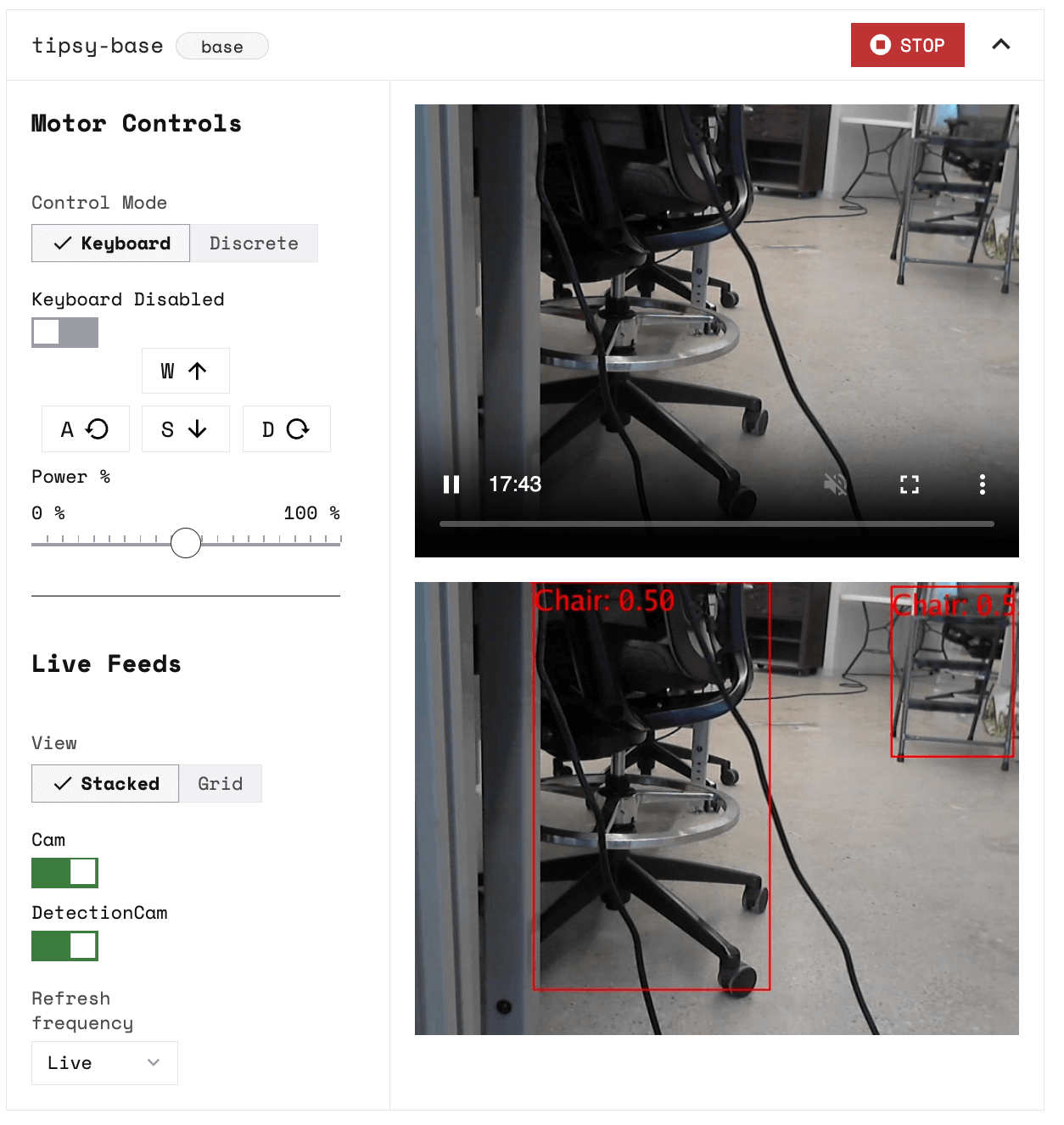 tipsy-base component panel in the Control tab, with two camera streams on the right showing the same char, the bottom with a red detection box around the chair saying 0.50. Cam and DetectionCam toggled on.