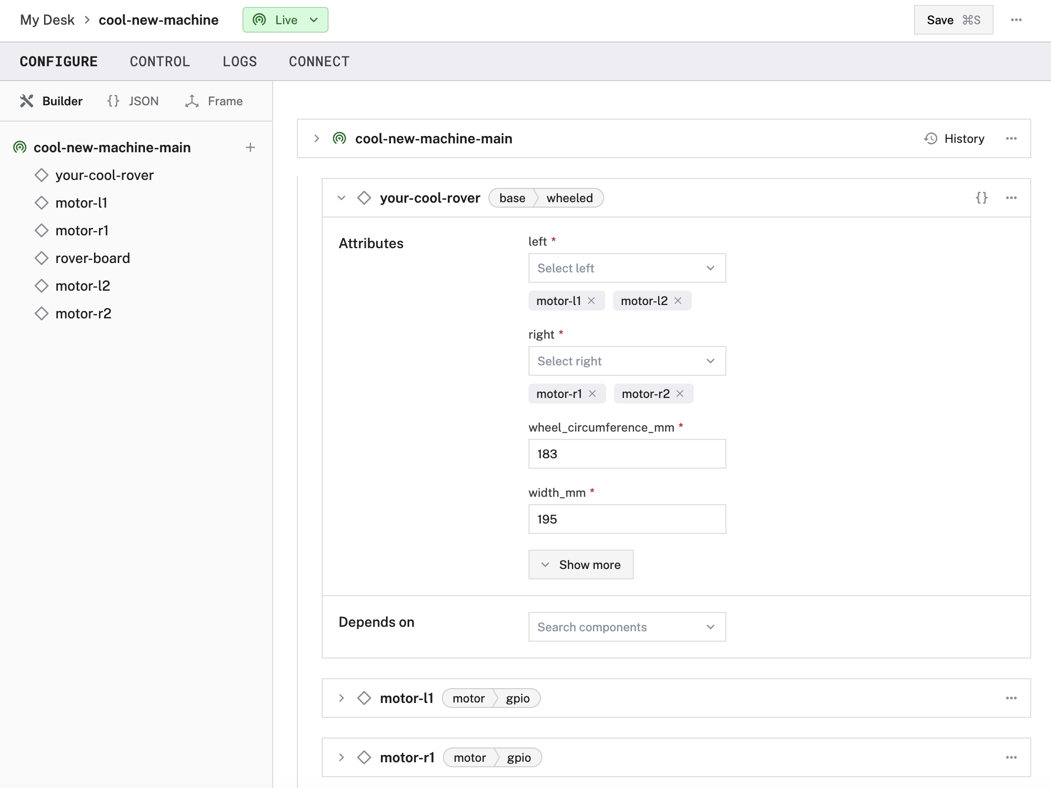 An example configuration for a wheeled base in the Viam app config builder, with Attributes & Depends On dropdowns and the option to add a frame.