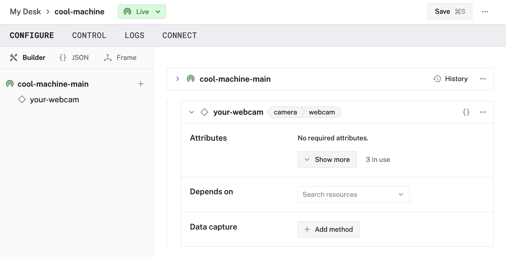 Configuration of a webcam camera in the Viam app config builder.