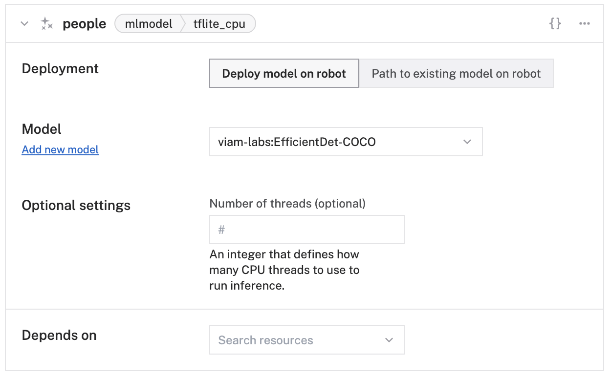 mlmodel service panel with empty sections for Model Path, and Optional Settings such as Label Path and Number of threads.