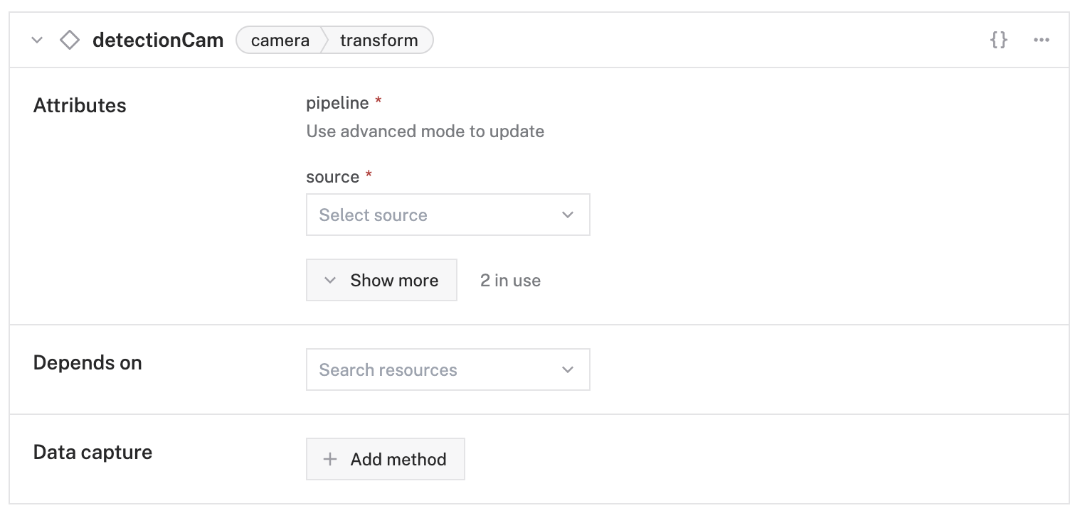 detectionCam component panel with type camera and model transform, Attributes section has source and pipeline but they are empty.