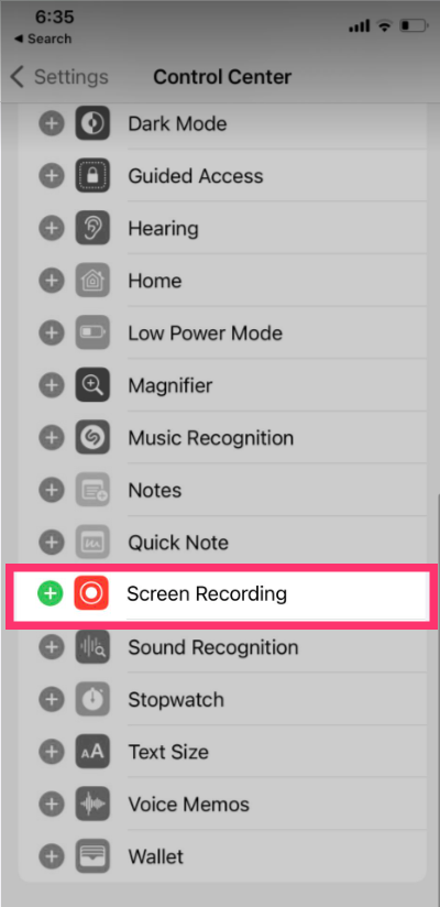 Control setting inside Setting of an Iphone