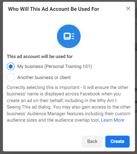 Selecting the appropriate business to link the ad account