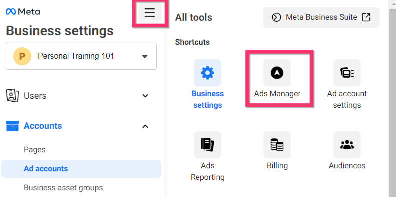 Ads Manager section to start advertising