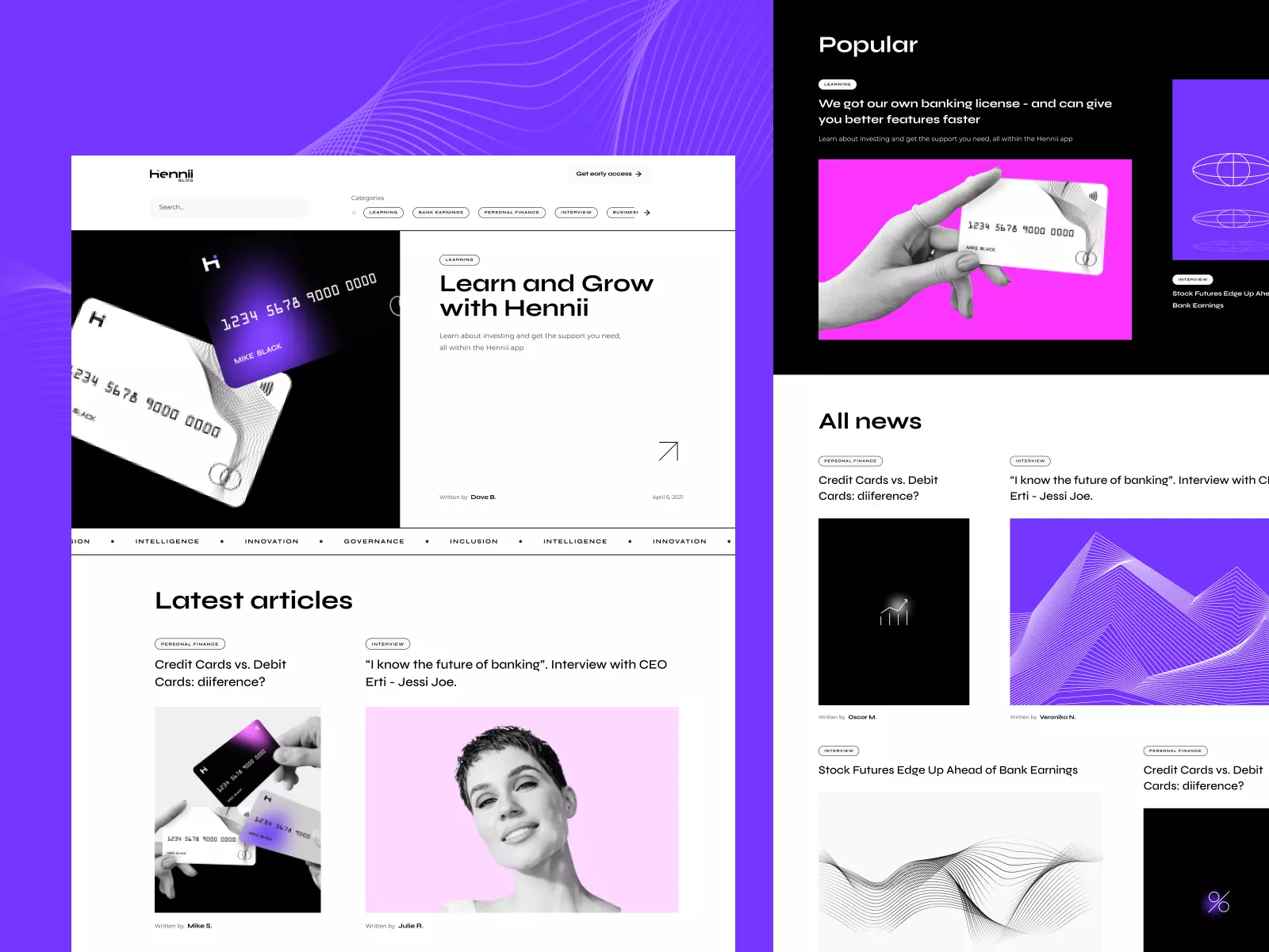 Purple, pink, white and black trendy & sharp finance startup blog page design inspiration