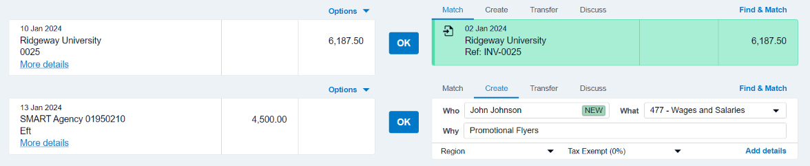 Sample transactions in the Reconcile tab of Xero