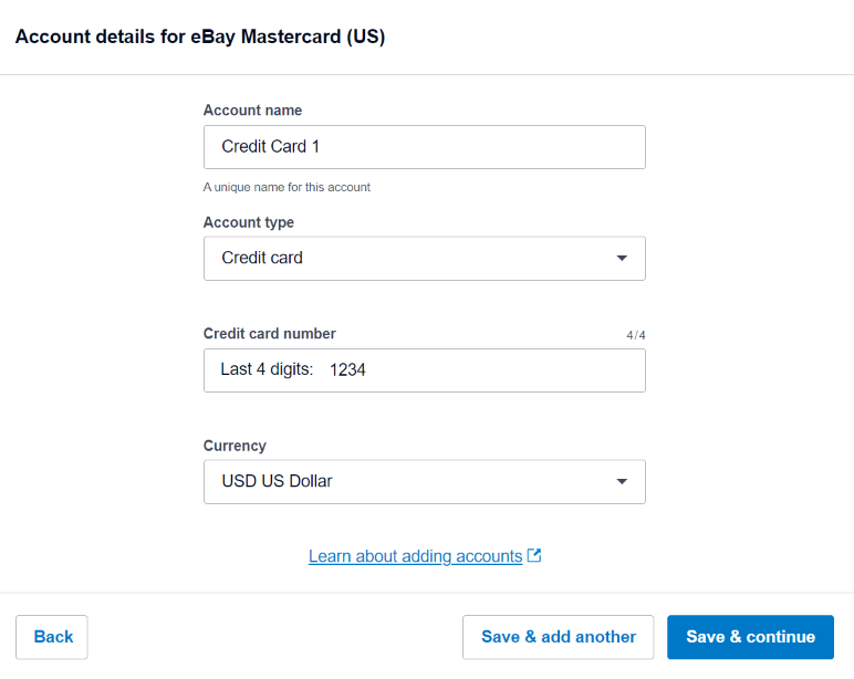 View of account details for new account in Xero