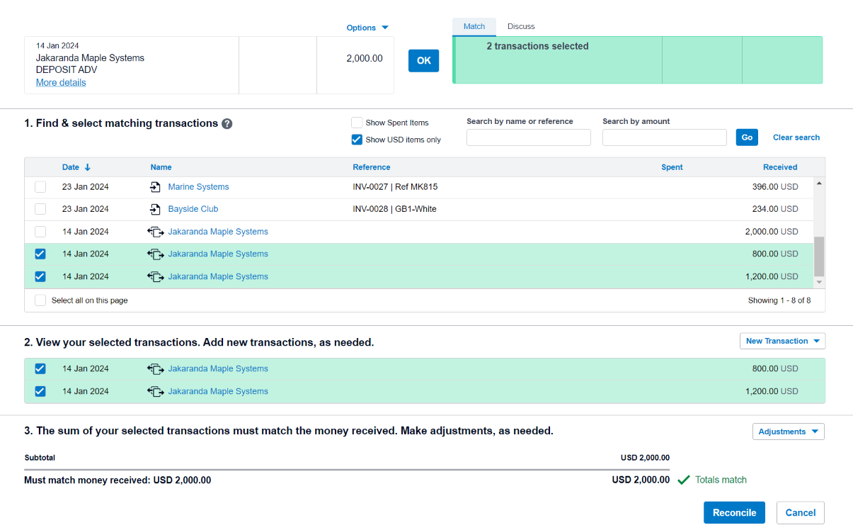 View in Xero of Reconciling Multiple Invoices Paid