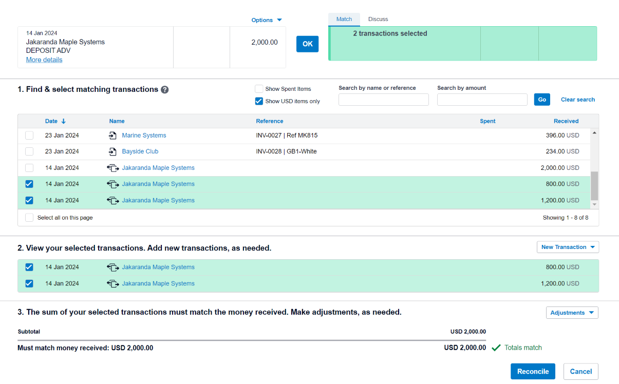 View in Xero of Reconciling Multiple Invoices Paid 