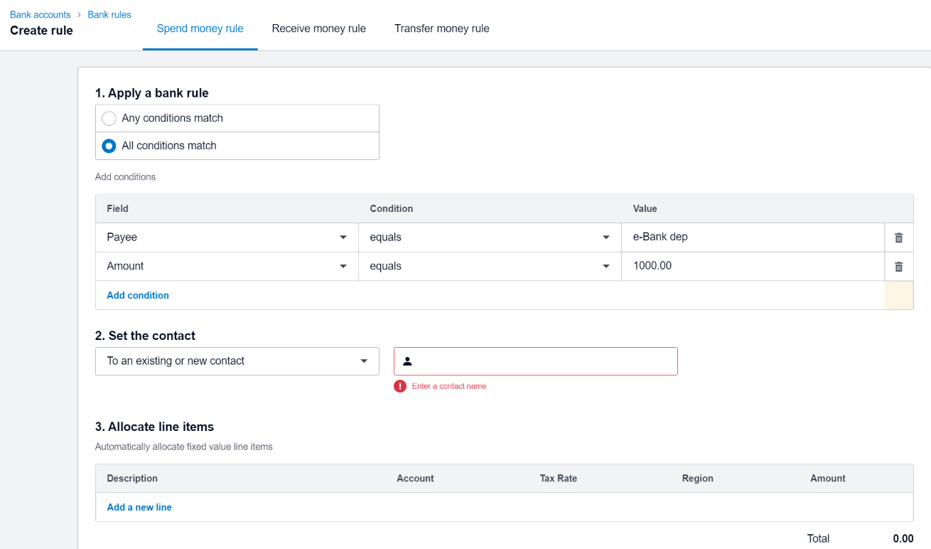 View in Xero of creating a new bank rule