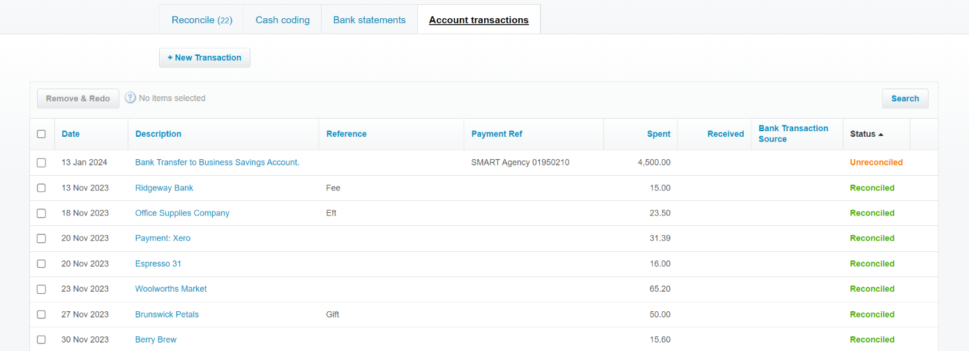 View of Xero when sorting transactions to identify those that have not been reconciled