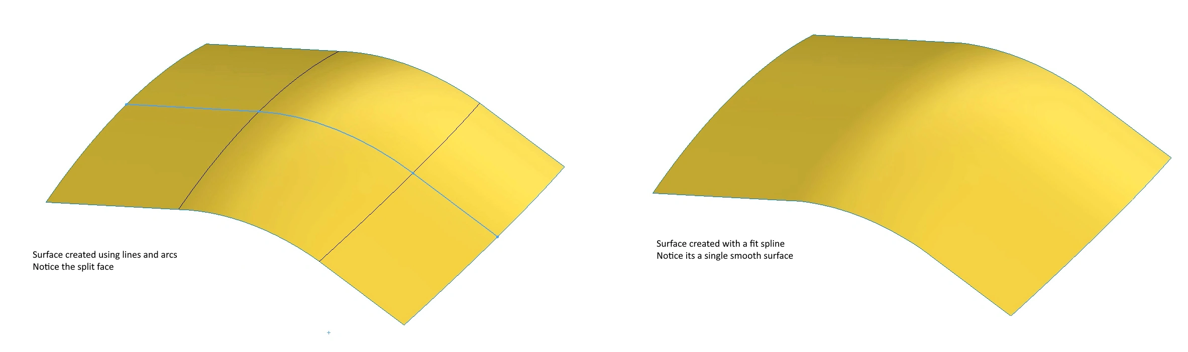 The difference between a surface made with and without a fit spline in SolidWorks