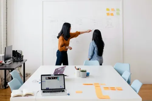 A photo of people collaborating in front of a whiteboard