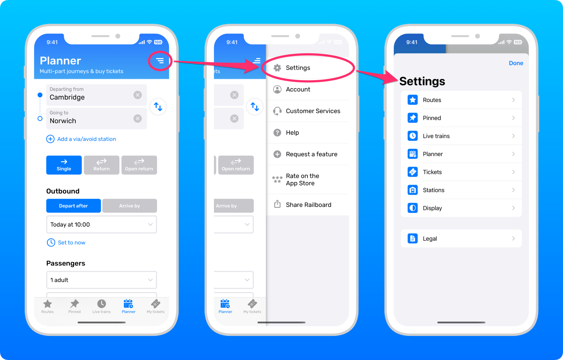 Screenshots showing how to open the Settings menu from the side menu.