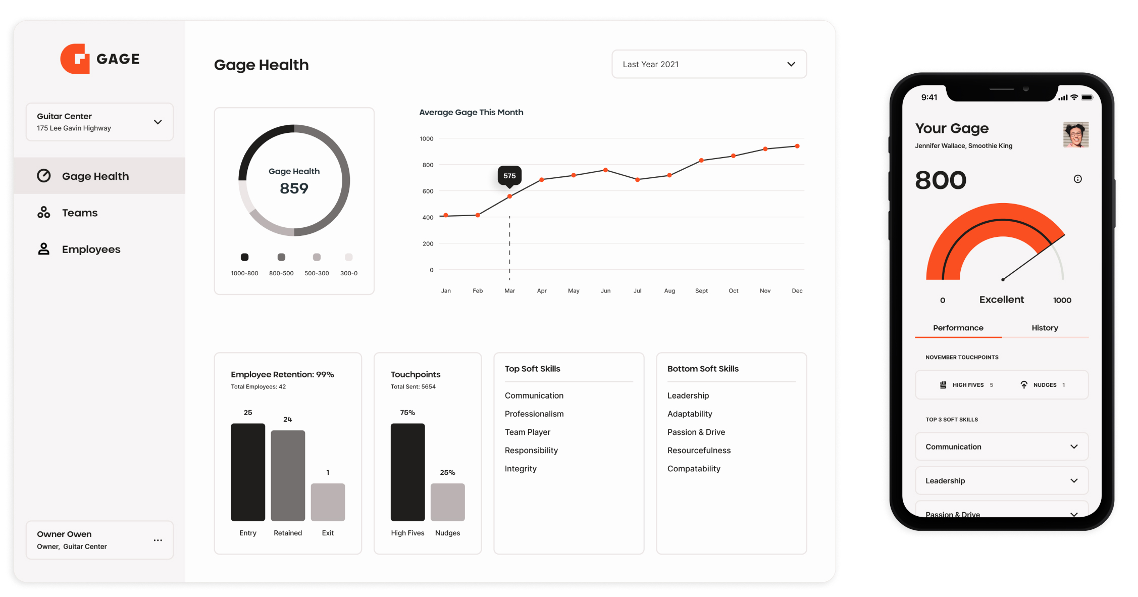 Dashboard and mobile view of the home screens for gage.