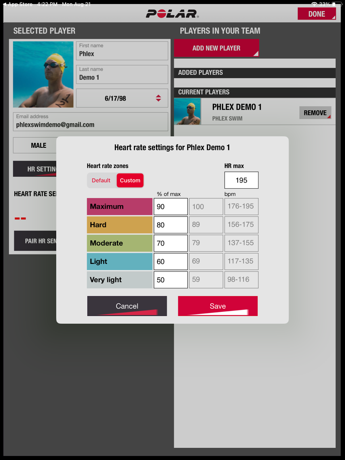 Verity Sense settings in Polar Flow app