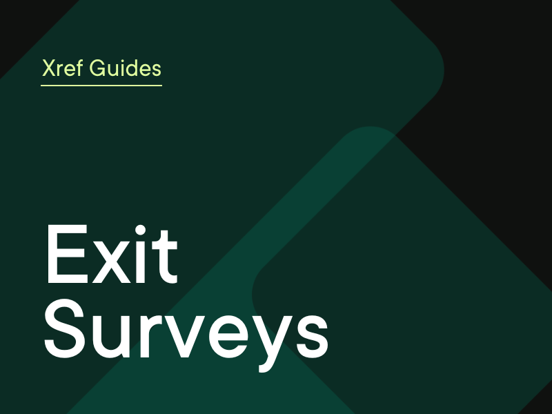 Graphic with Xref branded background and text that says &quot;Xref Guides&quot; on the top left and larger text &quot;Exit Surveys&quot; below it