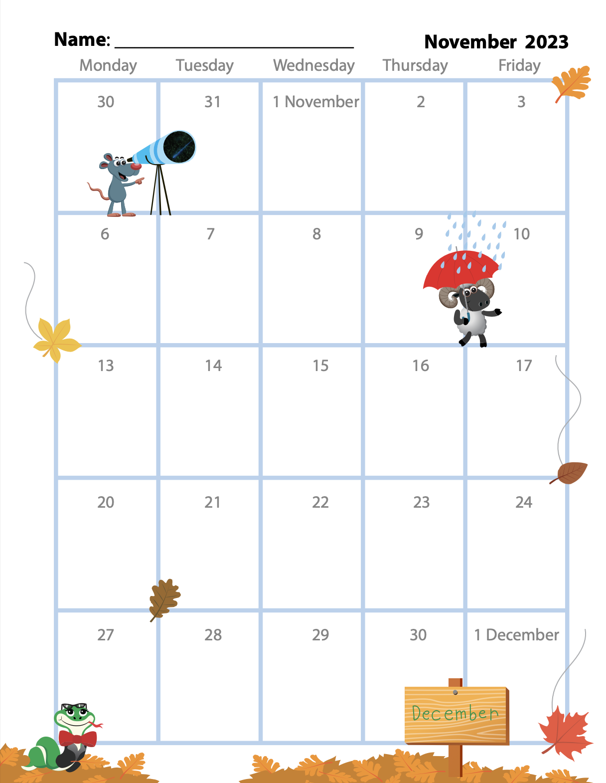 Printable classroom calendar for November 2023