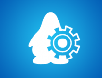 A penguin silhouette with a gear icon on a blue background