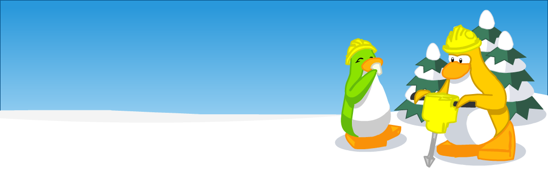 Two construction Penguins in the evergreens outside