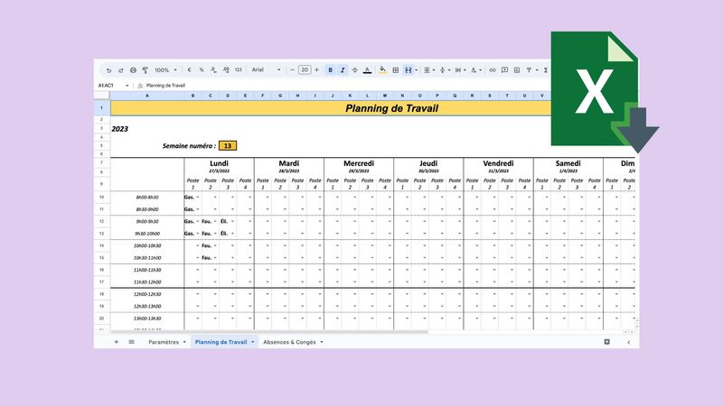 Template - Modèle Excel - Planning de travail