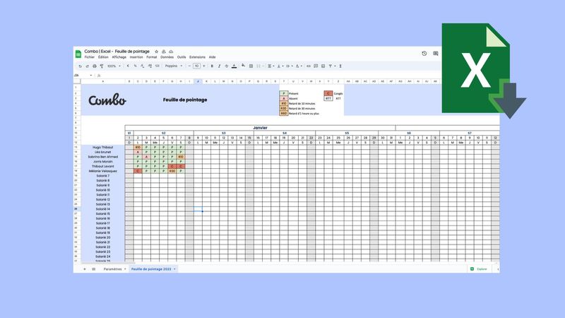 Template - Modèle Excel - Feuille de pointage