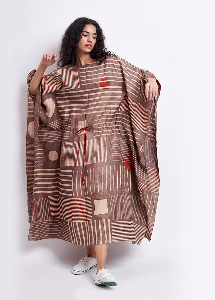 Red - Ajrakh Block Printed Cotton Kaftan with Tie-Up Waist (Medium) main image 0