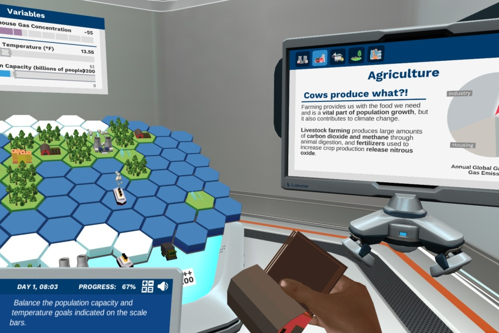 Labster virtual climate change lab depicting tiles that represent various industries with information about the impact of those industries on greenhouse gas emission