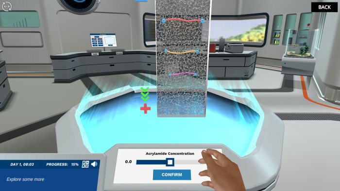 Labster simulation screenshot showing the process of SGS in 3D