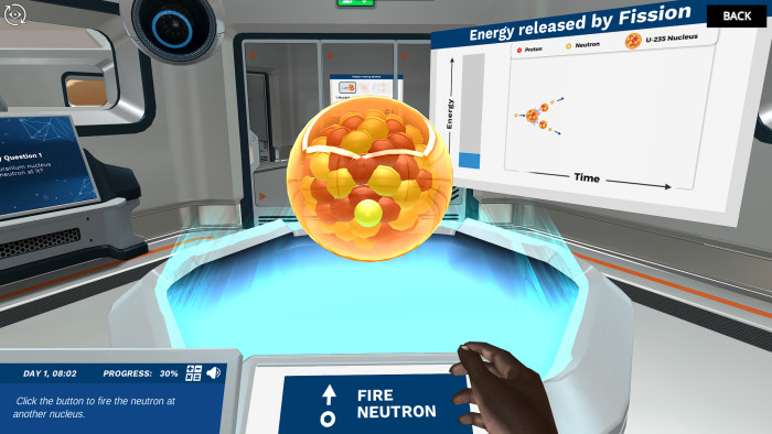 Labster lab simulation 3D rendering of a nucleus with a user prompt to fire a neutron