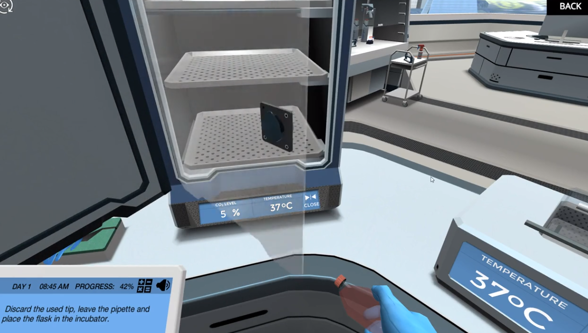 Cell culture basics virtual lab showing the incubator.