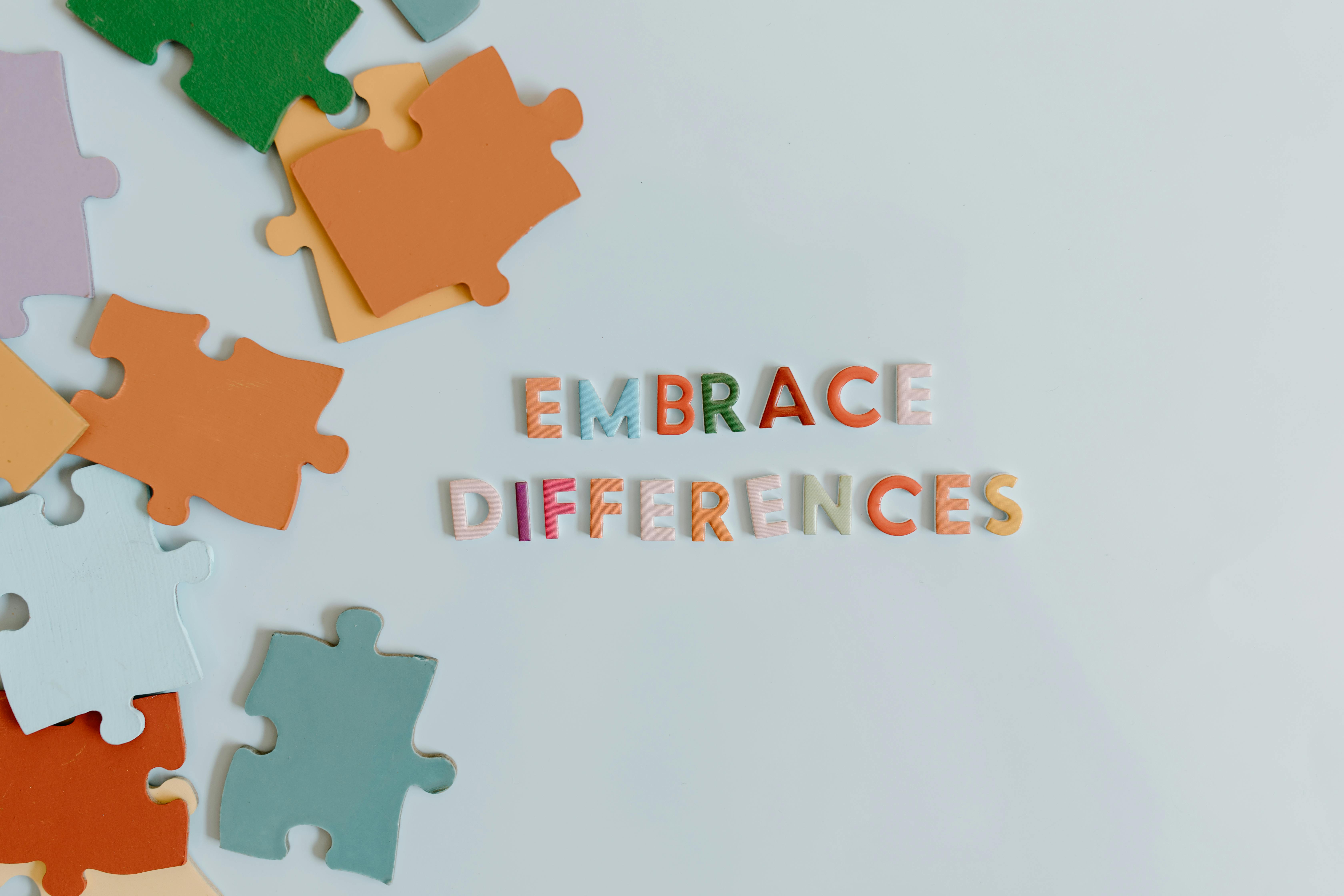 "Embracing differences" spelled out with colorful words and puzzles! 