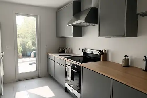 Grey L-shaped kitchen with view Stable Diffusion prompt - Midjourney