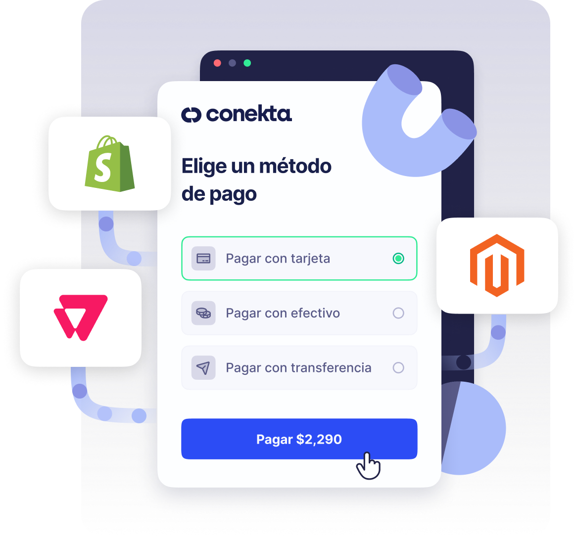 La plataforma de soluciones de pago Conekta acepta pagos con tarjeta, pagos con efectivo y pagos con transferencia bancaria