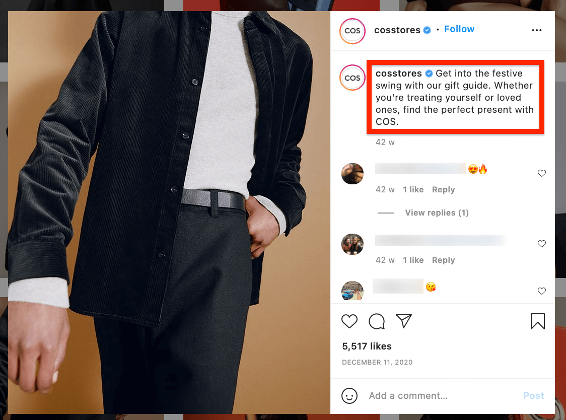 COS holiday post on Instagram