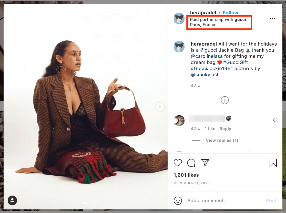 Herapradel Instagram Post in partnership with Gucci